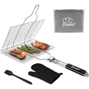 lot 1013 image: Dankiot Grill Basket for Outdoor Grilling Grill Basket for Vegetables, Fish, Meat, with Wood Handle, Grilling Rack Glove and Basting Brush