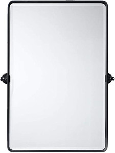 lot 1016 image: TEHOME 27 x 35 inch Farmhouse Large Black Metal Framed Pivot Rectangle Bathroom Mirror Rounded Rectangluar Tilting Beveled Vanity Mirrors for Wall