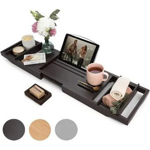 lot 1113 image: Bamboo Bathtub Caddy Tray for Tub- Expandable Bath Tray - Adjustable Organizer Tray for Bathroom for Luxury Spa - Book Holder, Tablet Smartphone and Wine Holder (Dark) by Pristine Bamboo