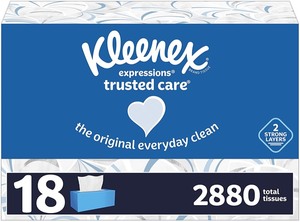 lot 1233 image: Kleenex Expressions Trusted Care Facial Tissues, 18 Boxes, 160 Tissues per Box, 2-Ply (2880 Total Tissues)