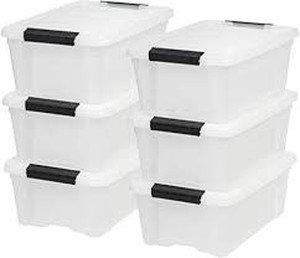 lot 1306 image: 3 PACK IRIS USA 12 Qt. Plastic Storage Bin Tote Organizing Container with Durable Lid and Secure Latching Buckles, Stackable and Nestable, 3 Pack, Pearl with Black Buckle