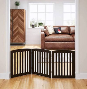lot 1326 image: PAWLAND Wooden Freestanding Foldable Pet Gate for Dogs, 24 inch 4 Panels Step Over Fence, Dog Gate for The House, Doorway, Stairs, Extra Wide (Espresso, 24 Height-4 Panels)