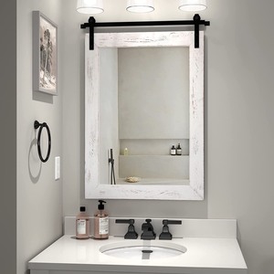 lot 1328 image: COGOOD Farmhouse Barn Door Mirror - 19.7 X 27.6 Rustic Wood Framed Wall Mirror for Bathroom, Living Room, Entryway Wall Decor (White)