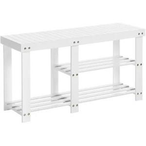 lot 1346 image: SONGMICS Bamboo Shoe Bench, Shoe Rack for Boots, Entryway Storage Organizer, 3-Tier Shoe Shelf, for Hallway, Bathroom, Living Room, Corridor, White ULBS006W01