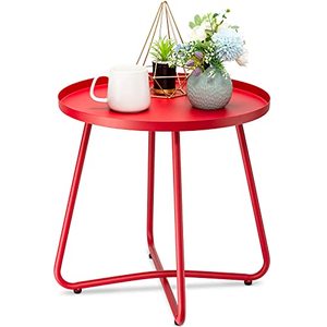 lot 1400 image: danpinera Outdoor Side Tables, Weather Resistant Steel Patio Side Table, Small Round Outdoor End Table Metal Side Table for Patio Yard Balcony Garden Bedside (Red)