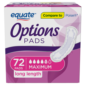 lot 4087 image: Equate Options Incontinence Pads for Women, Maximum Absorbency, Long Length, 72 Ct