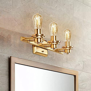 lot 2029 image: MOTINI 3-Light Gold Bathroom Vanity Light Fixture Brushed Brass Industrial Rustic Wall Sconces