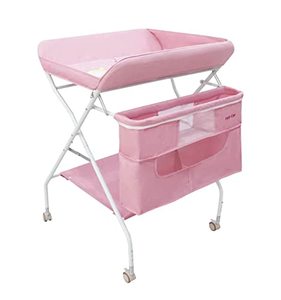 lot 2301 image: Holy Cat Baby Portable Changing Table with Wheels Adjustable Height Folding Infant Diaper Station Mobile Nursery Stand with Newborn Lightweight Large Storage Rack - Pink
