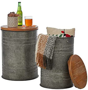 lot 2346 image: Glitzhome Farmhouse Metal & Wood Storage Seat Stool Set
