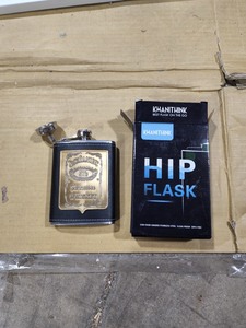 lot 2348 image: Stainless Steel Silver Hip Flask Flagon Brown Leather Wrapped Premium U Shape