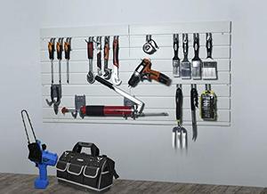 lot 2402 image: Aain A33 DIY 48 inch Slat Wall Panel, PVC 2pk Track Slat Wall System with 6 Pieces Hook set, Ideal for Tools, Sports Equipmet, Crafts, Organization & Storage