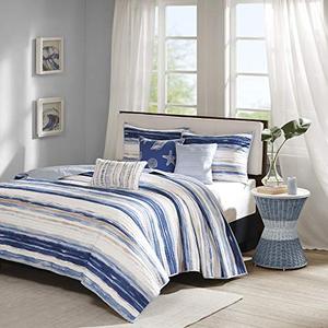 lot 2405 image: Madison Park Quilt Set Cottage Coastal Design, Starfish Print - All Season, Coverlet Bedspread Lightweight Bedding Layer, Shams, Toss Pillows, KingCal King(104x94), BlueWhite 6 Piece