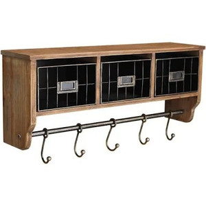 lot 3000 image: HBCY Creations Rustic Coat Rack Wall Mounted Shelf with Hooks & Baskets, Entryway Organizer Wall Shelf with 5 Coat Hooks and Cubbies, Wooden Shelf with Hooks - Hang Coats, Hats, or Coffee Mugs