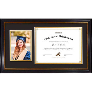 lot 3002 image: GraduatePro 11x22 Diploma Picture Frame with Tassel Holder for 8.5x11 DocumentCertificate & 5x7 Photo, Mahogany Gold Rim with Double Mat (Black Over Gold), Tassel Shadow Box & Real Glass