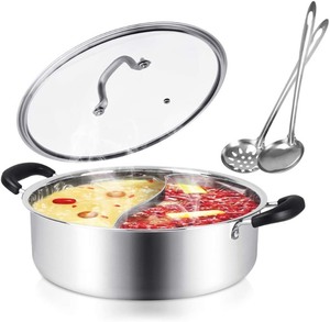 lot 3014 image: Kerykwan Divided Hot Pot Pan 1810 Stainless Steel Shabu Shabu Hot pot with Divider for Induction Cooktop Gas Stove Dual Sided Soup Cookware with 2 Soup Ladles (13 inch)