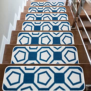 lot 3052 image: CAMILSON Stair Treads Runner Mats - Non Slip Rug Pads for Indoor Outdoor Carpet - Pet Dog Stair Step Covers (Set of 13, Geometric Blue)