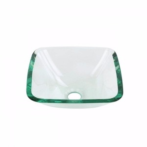 lot 3308 image: Square Natural Clear Tempered Glass Bathroom Vessel Sink w pop-up drain