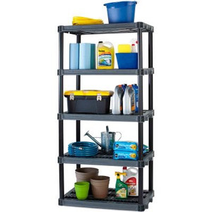 lot 3318 image: Plano 30W x 14D x 55.5H 4-Shelf Solid Plastic Shelf Unit, Black , 280 lb Capacity