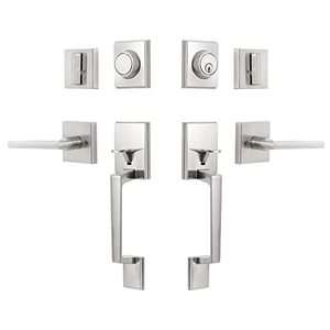 lot 3327 image: NeuType Front Door Handle Set Satin Nickel Double Door Handle Set with Dummy Heavy Duty Double Door Lock Set, with Single Cylinder Deadbolt and Lever Handle, Compatible with Right & Left Handed Doors