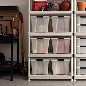 lot 3392 image: 5 PACK OF CONTAINERS IRIS USA 53 Qt. Plastic Storage Bin Tote Organizing Container with Durable Lid and Secure Latching Buckles, Stackable and Nestable, 5 Pack, Pearl with Black Buckle