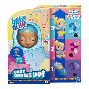 lot 3415 image: Baby Alive Baby Grows Up (Happy) - Happy Hope or Merry Meadow, Growing and Talking Baby Doll, Toy with 1 Surprise Doll and 8 Accessories , Blue