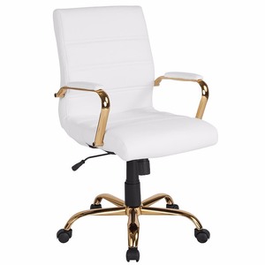 lot 3506 image: Flash Furniture - Mid-Back Executive Swivel Office Chair with Metal Frame and Arms - White LeatherSoftGold Frame
