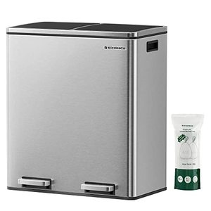 lot 3514 image: SONGMICS Trash Can, 2 x 8 Gal Garbage Can for Kitchen, with 15 Trash Bags, 2 Compartments, Plastic Inner Buckets and Hinged Lids, Airtight, Silver and Black ULTB60NL