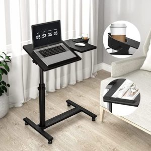 lot 3515 image: Panta Height Adjustable Rolling Laptop Stand, Overbed Table with 2 Tilting Desktops, Mobile Laptop Table for Couch with Cup Holder, Mobile Computer Workstation for Office, Hospital & Home