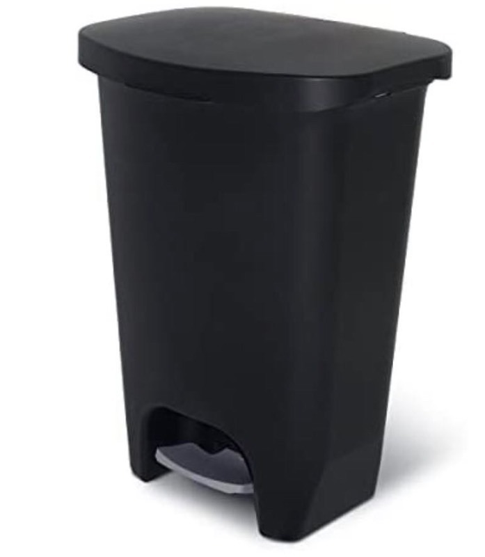 lot 6284 image: Glad 13 Gallon Trash Can  Plastic Kitchen Waste Bin with Odor Protection of Lid  Hands Free with Step On Foot Pedal and Garbage Bag Rings