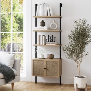 lot 6821 image: Nathan James Theo Open Shelf 73 in. High Light Oak Wood 3-Shelf Ladder Bookcase with Rattan Cabinet Doors and Matte Black Frame