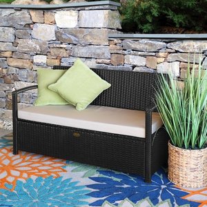 lot 6823 image: Barton Outdoor All-Weather Storage Bench Thick Seat Cushion w Backrest Patio Deck Box Wicker