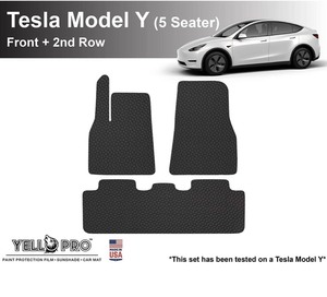 lot 6836 image: YelloPro Auto Custom fit Heavy Duty Front & 2nd Row Floor Mat Waterproof Accessories for 2020 2021 2022 Tesla Model Y - 5 Seats - All Weather Made in USA Black Rubber Environmental
