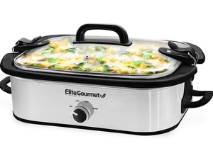 lot 6838 image: Elite Gourmet MST-5240SS Crock Slow Cooker, Locking Lid Adjustable Temperature Keep Warm Oven & Dishwasher-Safe Casserole Pan, 3.5Qt Capacity, Stainless Steel