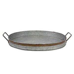 lot 6978 image: Decorative Oval Galvanized Metal Serving Tray with Rust Trim and Metal Handles