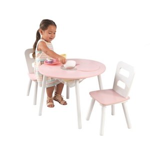 lot 50146 image: KidKraft KidKraft Wooden Round Table & 2 Chair Set with Center Mesh Storage - Pink & White