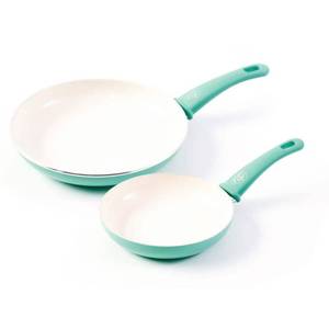 lot 50153 image: GreenLife Soft Grip Healthy Ceramic Nonstick, Frying PanSkillet Set, 7 and 10, Turquoise