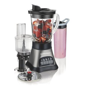 lot 50155 image: Hamilton Beach Wave Crusher Blender System with 40 oz Jar, 20 oz single Serve Blend-In Travel Jar & Chopper (58163), Grey & Black