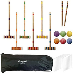 lot 50187 image: Juegoal Six Player Croquet Set with Wooden Mallets Colored Balls for Lawn, Backyard and Park, 28 Inch