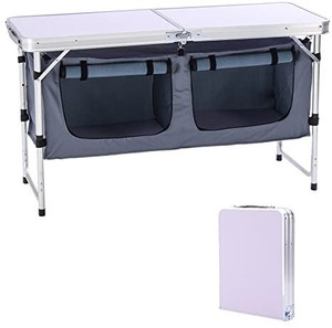 lot 51047 image: CampLand Outdoor Folding Table Aluminum Lightweight Height Adjustable with Storage Organizer for BBQ, Party, Camping top broken