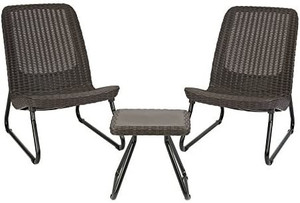 lot 51071 image: Keter Resin Wicker Patio Furniture Set with Side Table and Outdoor Chairs, Whiskey Brown