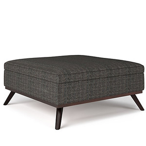 lot 51101 image: Simpli Home Owen Tweed Look Fabric Square Coffee Table Storage Ottoman in Ebony no legs, small tear
