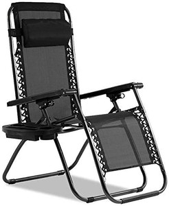 lot 62674 image: Zero Gravity Chair Patio Chair Lounge Chair Chaise Recliner Outdoor Folding Adjustable Heavy Duty Zero Gravity Chair with Cup Holder and Pillows, Black