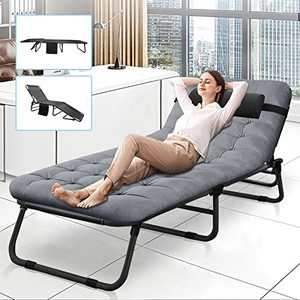 lot 62680 image: Portable Folding Camping Cot Bed, Adjustable 4-Position Adults Reclining Folding Chaise with Pillow, Outdoor Portable Folding Lounge Chair Sleeping Cots  (Stock photo is different than actual product)