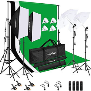 lot 62682 image: Vevelux Photography Lighting Kit, 8.5x10ft Background Support System, 800W 6600K Umbrella Softbox Continuous Lighting Kit with Remote