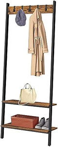lot 62690 image: BEEWOOT Coat Rack, Hall Tree with Shoe Shelves, Ladder Shelf Wood, Industrial Coat Rack Shoe Bench, Entryway Hall Trees Storage Shelf with 2 Wood Shelves, Rustic Brown CR02BB006