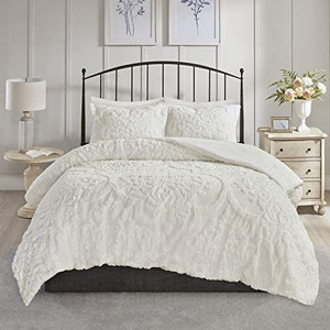 lot 62709 image: Madison Park Tufted Chenille Cotton Comforter, All Season Bedding Set, Matching Shams, Viola, Damask Off White KingCal King (104x92) 3 Piece