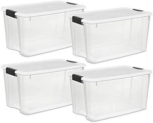 lot 62748 image: Sterilite 19889804 70 Quart66 Liter Ultra Box Clear with a White Lid and Black Latches, 4-Containers  (Stock photo is different than actual product)
