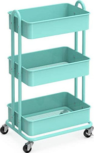 lot 63691 image: SimpleHouseware Heavy Duty 3-Tier Metal Utility Rolling Cart, Turquoise