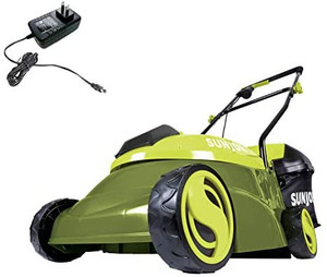 lot 63734 image: Sun Joe MJ401C 14-Inch 28-Volt Cordless Push Lawn Mower, w10.6-Gallon Collection Bag, 3-Position Height Adjustment, Safety Key, 14 inches, Green   (May not be exact stock photo)