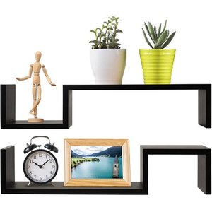 lot 63776 image: Greenco Set of 2 Decorative S Wall Mounted Wood Floating shelves- Espresso Finish